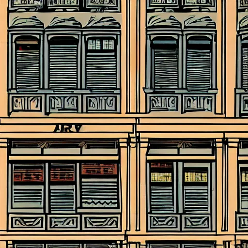 Image similar to a row of shophouses in singapore, art by laurie greasley