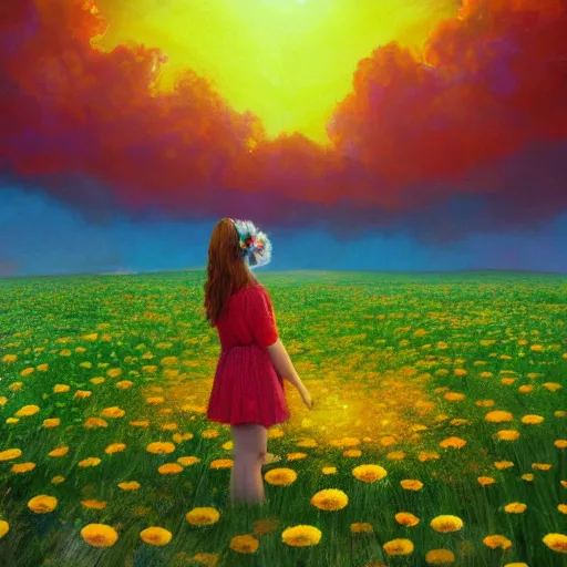 Image similar to full body daisy flower head, girl standing in a flower field, head hidden behind huge daisy flower, surreal photography, sunrise, dramatic light, impressionist painting, colorful clouds, digital painting, artstation, simon stalenhag