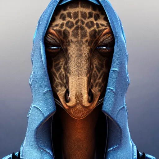 Image similar to a highly detailed portrait of a humanoid giraffe in a blue cloak, close - up, adventurer, artstation, deviantart, professional, unreal engine 5, octane render