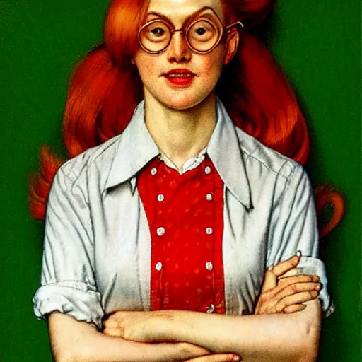 Prompt: portrait of a woman!!! red hair! freckles! round silver glasses!! button up shirt! red skirt!!! by norman rockwell! green background - h 7 4 0