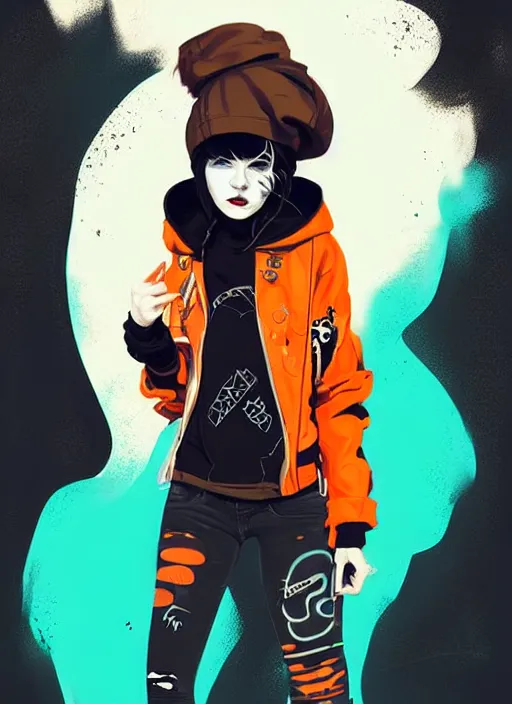 Prompt: highly detailed portrait of a sewer punk lady student, blue eyes, leather hoodie, hat, white hair by atey ghailan, by greg tocchini, by james gilleard, by kaethe butcher, gradient orange, black, brown and cyan color scheme, grunge aesthetic!!! ( ( graffiti tag wall background ) )