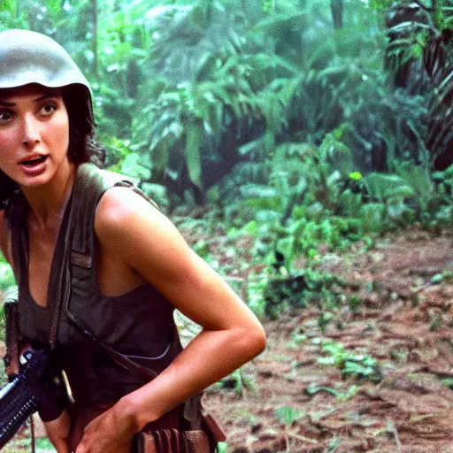 Prompt: film still, medium shot of gal gadot in the jungle as a vietnam door gunner, apocalypse now, associated press,, 2 6 mm, kodak ektachrome, blue tint expired film