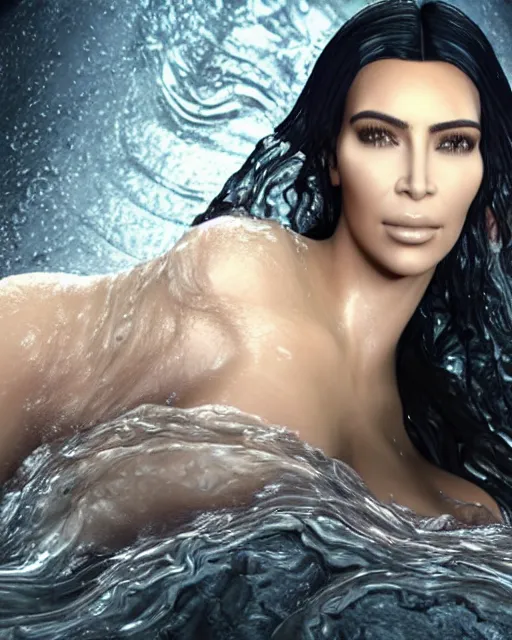 Image similar to epic full - body - shot still of kim kardashian unconscious in a transparent alien liquid, wet flowing hair, gooey skin, illustration, unreal engine 5, 8 k, made by h. r. giger.