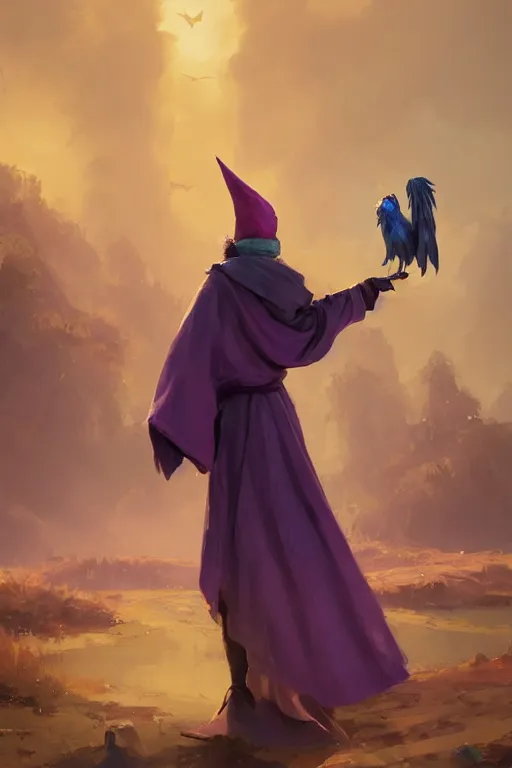 Image similar to Young beautiful short woman in purple witch robes and pointy hat with a small pet phoenix on her shoulder, full body shot unreal engine hyperreallistic render 8k character concept art masterpiece digital art by Greg Rutkowski, Simon Stalenhag, trending on Artstation, CGSociety