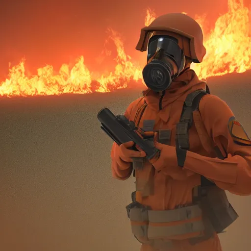 Prompt: a soldier with a glowing orange visor, a gas mask in a half-turn looks into the camera, bodies of the dead are scattered around, an orange fire in the background, octane render, 4k, details, dramatic pose