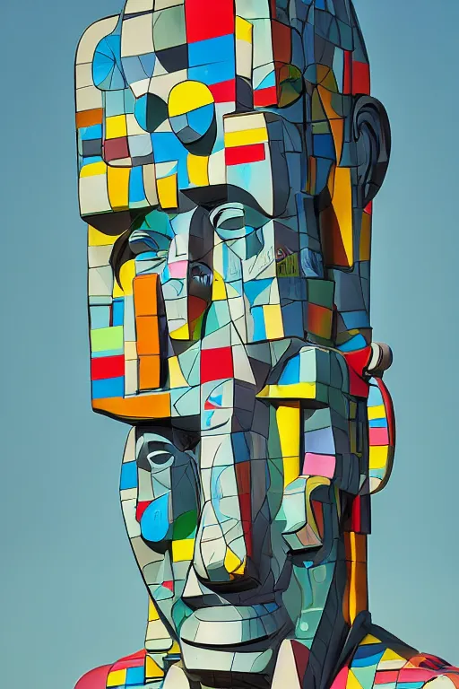 Image similar to cubist moai statue cutout digital illustration cartoon colorful beeple