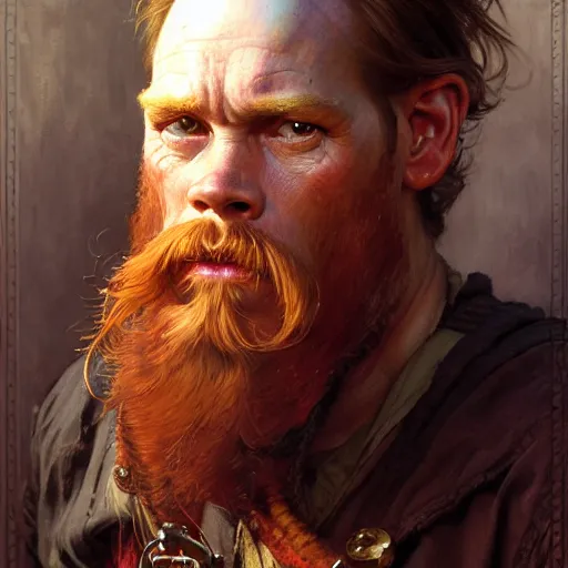 Image similar to highly detailed portrait of a poor smith in the form of a beautiful male dwarf with red beard. d & d. art by donato giancola, eugene delacroix, ruan jia, carl larsson, peter mohrbacher. trending on artstation, intricate details, energetic composition, concept art, illustration, global illuminaition, face of kevin bacon