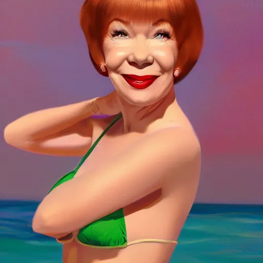 Image similar to !dream a very beautiful Playboy Magazine illustration of Shirley Maclaine in 1959, full body, short red hair, bangs haircut, green watery eyes, full round face, short smile, pale pink bikini, serene beach setting, cinematic lightning, medium shot, mid-shot, highly detailed, trending on artstation, Unreal Engine 4k, cinematic wallpaper by Rudolph Belarski, Gil Elvgren, Robert Maguire, Mort Kunstler, Andrei Riabovitchev, Marc Simonetti, and Sakimichan