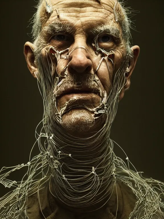 Prompt: portrait of old man, skin peeling to reveal cybernetics, wires, art by ryo shiotani and greg rutkowski, intricate, beautiful, portrait photography, cinematic lighting, vintage art by serge ivanoff, high resolution, very detailed