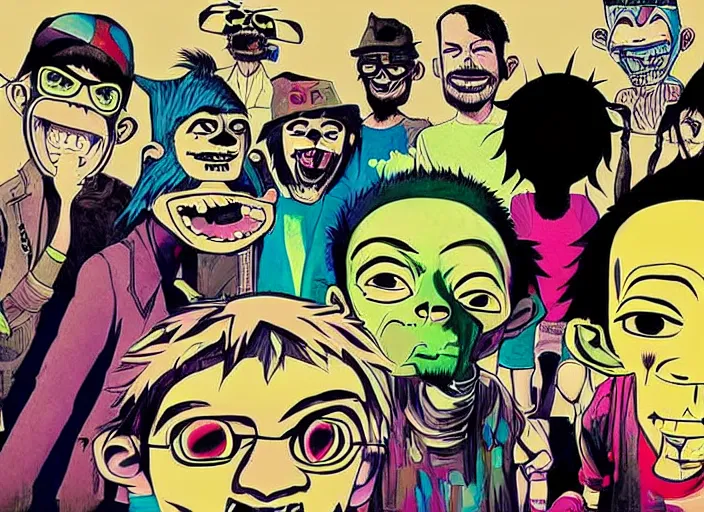 Prompt: linkin park drawn colorfully like the gorillaz by jamie hewlett