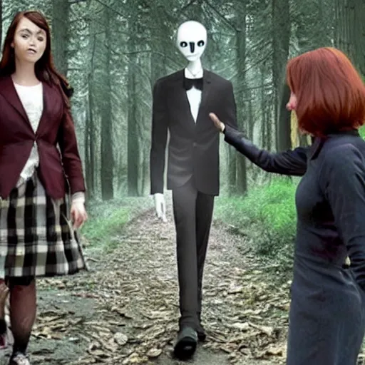 Image similar to slenderman walking with a 20 years women!! throw forest