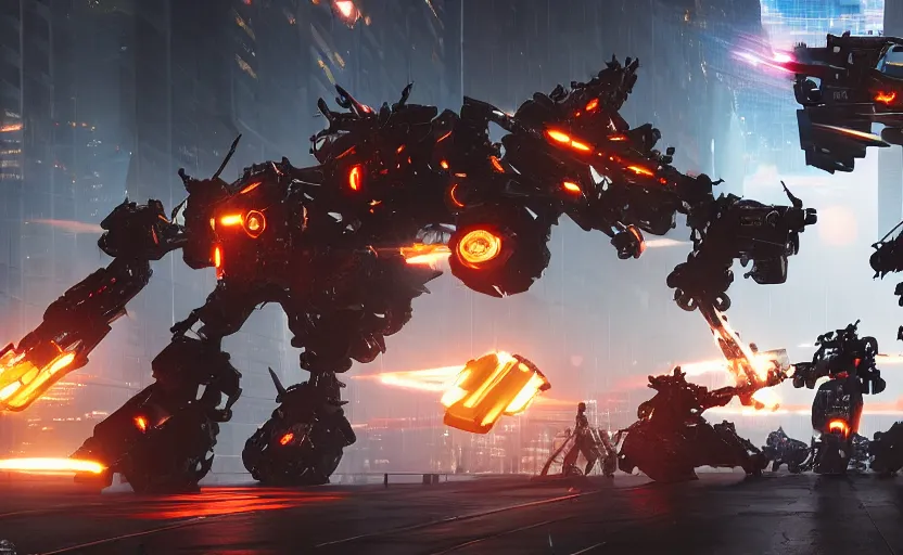 Image similar to an epic fight between two giant weaponized mechs in the middle of a futuristic new york city, futuristic, epic, cinematic, raytracing, cyberpunk, 4 k