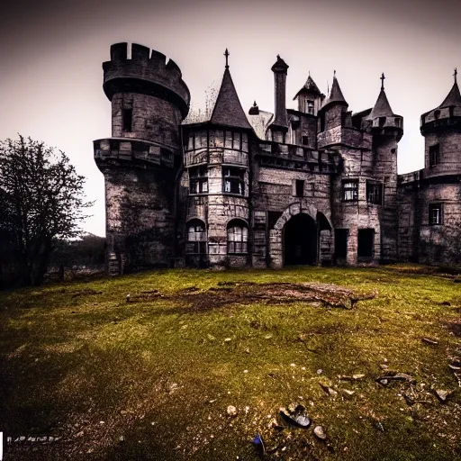 Image similar to abandoned castle, ultra realistic, 8 k, purple fog, dark, ultra detailed, highly detailed, fantastically detailed, professional photography, night time, cinematic