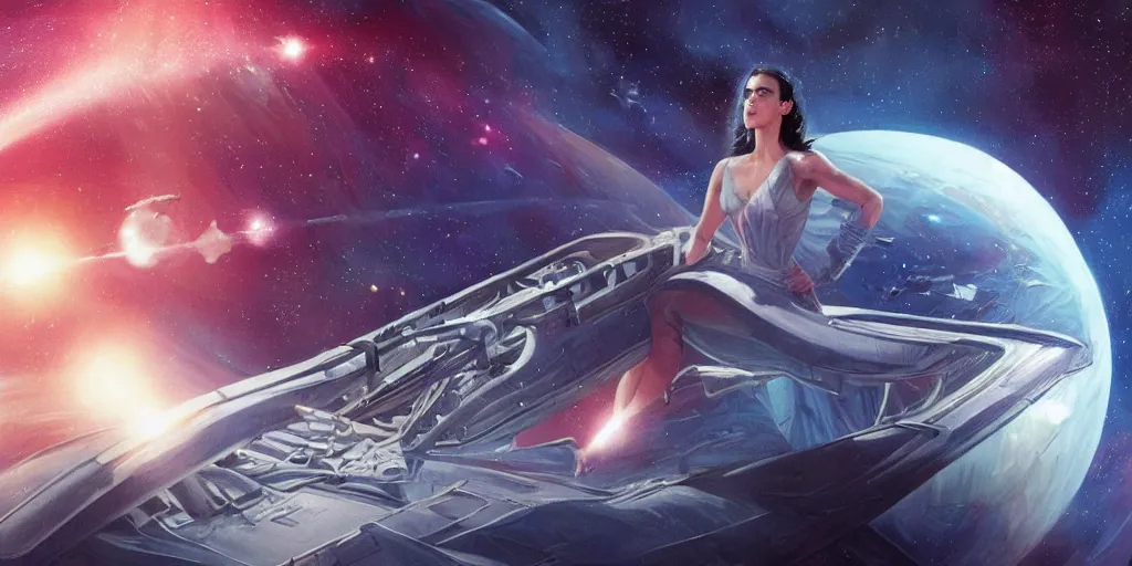 Image similar to Jennifer connelly as a stunning , beautiful retro SCI-FI space heroine 1985 , star ship taking off in the background on the left side , movie poster, intricate, elegant, highly detailed, centered, digital painting, trending on artstation, concept art, smooth, sharp focus, illustration, art by illustration, Unreal Engine 5, 8K, art by artgerm and greg rutkowski and alphonse mucha WLOP