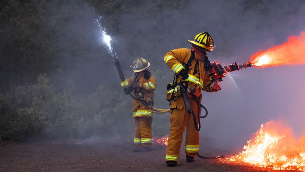 Image similar to photo of a firefighter using a flamethrower projecting a long flame