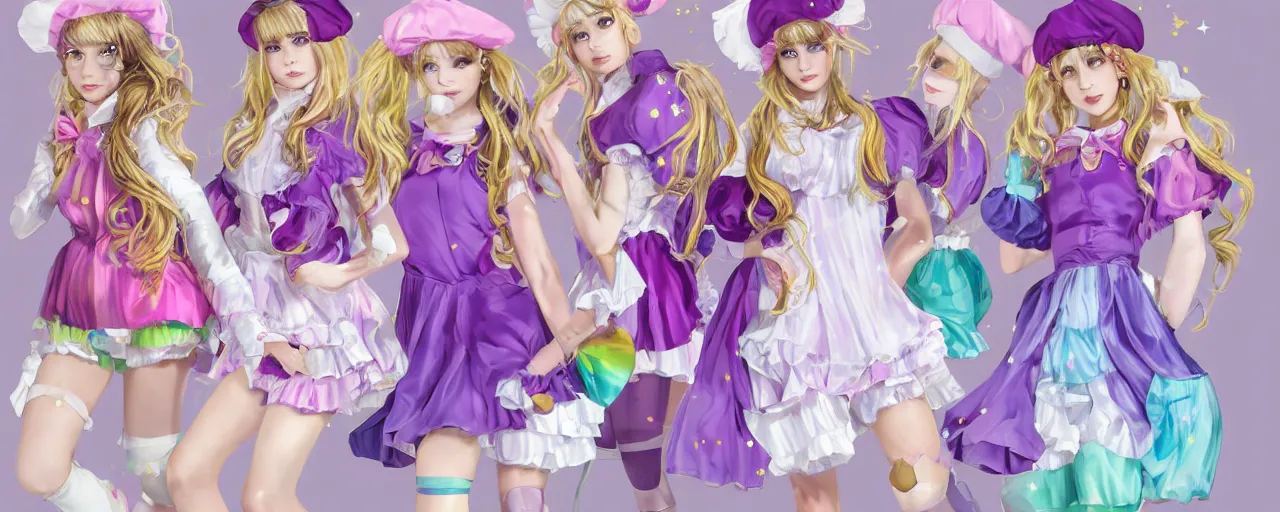 Image similar to A character sheet of full body cute magical girls with short blond hair wearing an oversized purple Beret, Purple overall shorts, Short Puffy pants made of silk, pointy jester shoes, a big billowy scarf, and white leggings. Rainbow accessories all over. Flowing fabric. Ruffles and Bows. Petticoat. Covered in stars. Short Hair. Art by Johannes Helgeson and william-adolphe bouguereau and Paul Delaroche and Alexandre Cabanel and Lawrence Alma-Tadema and WLOP and Artgerm. Fashion Photography. Decora Fashion. harajuku street fashion. Kawaii Design. Intricate, elegant, Highly Detailed. Smooth, Sharp Focus, Illustration Photo real. realistic. Hyper Realistic. Sunlit. Moonlight. Dreamlike. Fantasy Concept Art. Surrounded by clouds. 4K. UHD. Denoise.