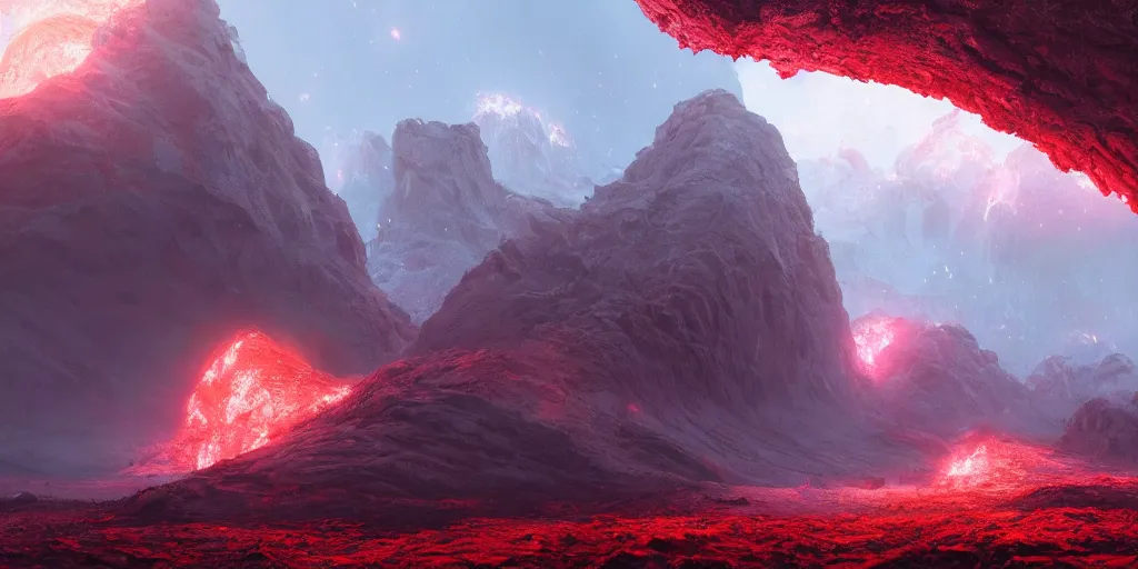 Image similar to a epic landscape full of big red crystals emerging from the ground, concept art, octane render, unreal engine 5, trending on artstation, greg rutkowski, hyperrealistic, highly detailed, high quality, 8 k, dramatic lighting, cinematic, high coherence, high contrast, digital art, high definition, path traced, night