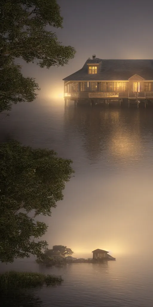 Image similar to photorealistic wide shot of a beautiful house that floats on the water in the moonlight, octane render, unreal engine 4k, volumetric light, fog, detailed