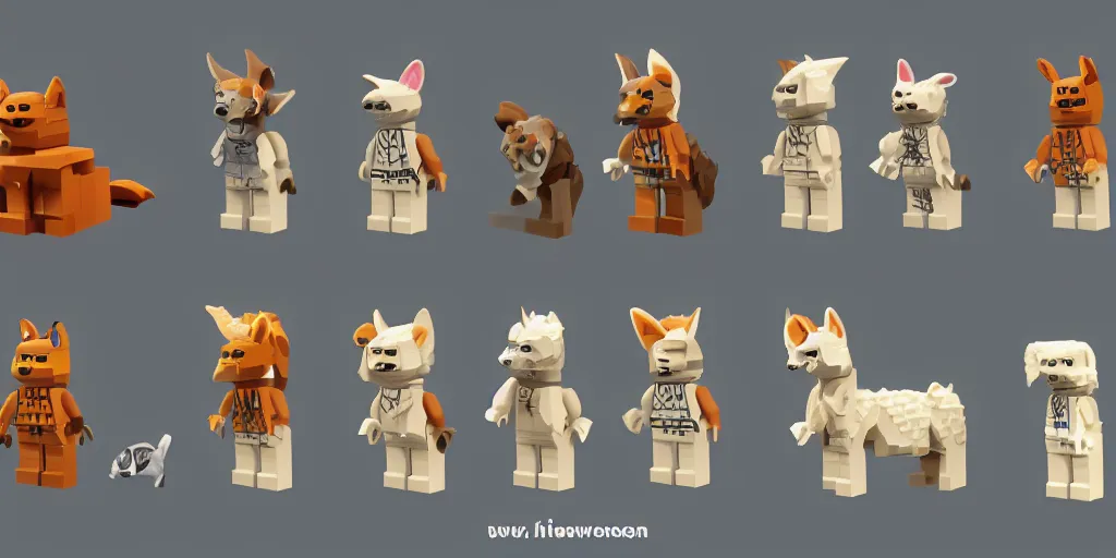 Image similar to small animals made of two or three lego bricks, four legged, quadrupedal, cute looking, kawaii, sharp focus, character sheet, game concept art