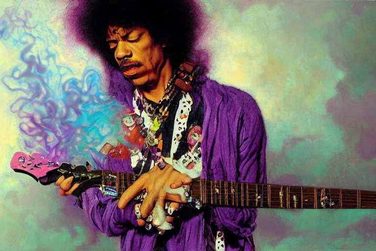 Image similar to A Weirdcore Mesmerizing 8k hyperrealistic Photo Portrait jimi hendrix transforming into a purple haze, soft, sharp focus, detailed, painted by Caravaggio, Greg rutkowski, Sachin Teng, Thomas Kindkade, Alphonse Mucha, Norman Rockwell, Tom Bagshaw