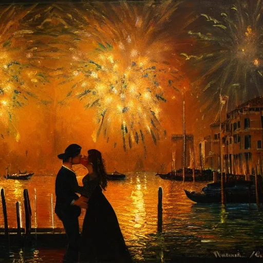 Image similar to an oil painting of couple kissing, in a background fireworks in venice