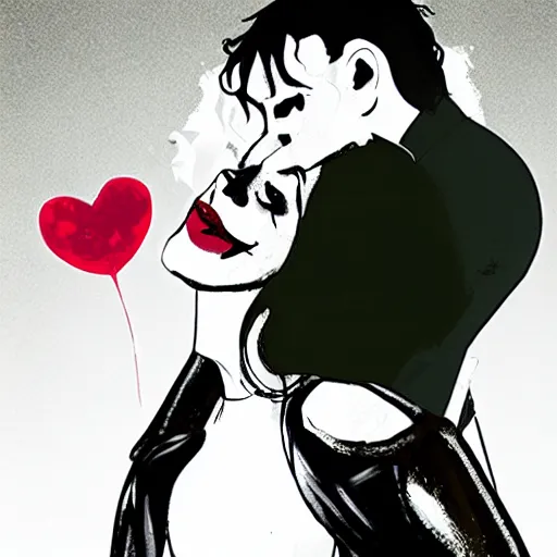 Prompt: photograph of Harley Quinn kissing the joker