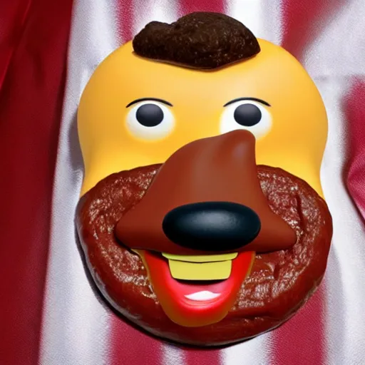 Image similar to oscar meyer beef frank that has the face of the rock, rock dog