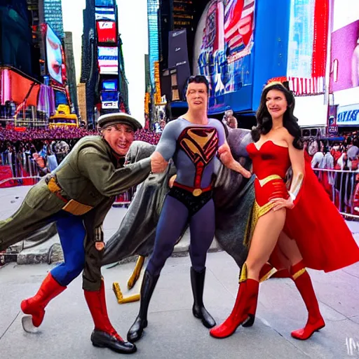 Prompt: v - j day in times square photograph with superman and wonder woman