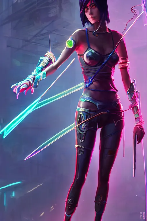 Image similar to fiora from league of legends, cyberpunk futuristic neon. fencing, long sword in her hand, decorated with traditional japanese ornaments by ismail inceoglu dragan bibin hans thoma greg rutkowski alexandros pyromallis nekro rene maritte illustrated, perfect face, fine details, realistic shaded, fine - face, pretty face, masterpiece