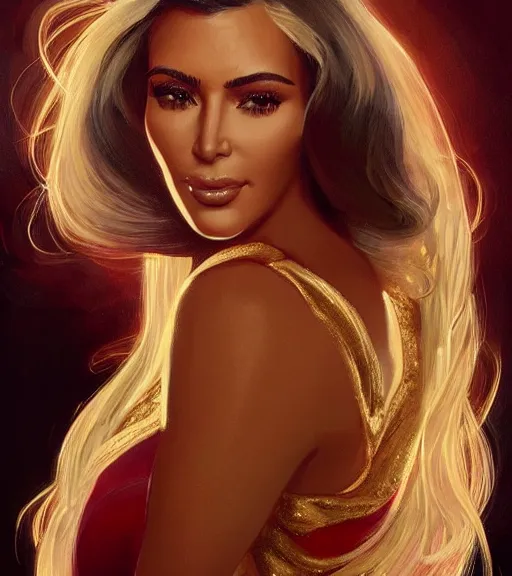 Image similar to kim kardashian wearing a golden dress, grey hair, red necktie, cinematic, stunning, highly detailed, digital painting, artstation, smooth, hard focus, full body shot, illustration, art by artgerm and greg rutkowski and alphonse mucha