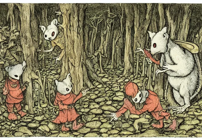 Image similar to possums dressed like a monk at a scary medieval cemetery in the middle of the forest at night, isometrical, highly detailed, by Maurice Sendak, colorized