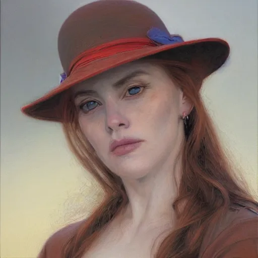 Image similar to portrait of a woman with little horns that peek out of her hat, by donato giancola.