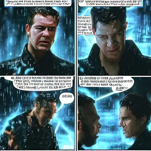 Image similar to the iconic fight between smith and neo in the rain, only instead of smith the are all obi wan kenobi clones