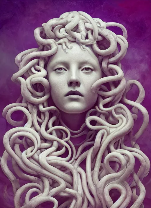 Image similar to medusa made of soft white wax, wooden art nouveau swirls, strong subsurface scattering, cables, tubes, subsurface scattering, in the style of ruan jia and beeple and giger, subsurface scattering, mystical colors, soft look, rim light, dramatic lighting, 8 k, stunning scene, raytracing, octane render, trending on artstation