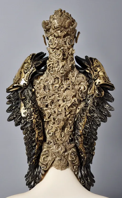 Image similar to carved black marble mechanical bust wearing hard surface armour, subtle gold accents, frontal view, ivory rococo, wings lace wear, hyper detailed, insane details, intricate