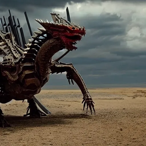 Image similar to cinematic still of westworld, a intact stunning intricate si - fi robotic fantasy dragon, well armored mech dragon, highly detailed