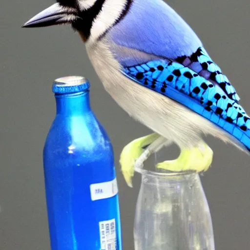 Image similar to bluejay standing next to a soda bottle