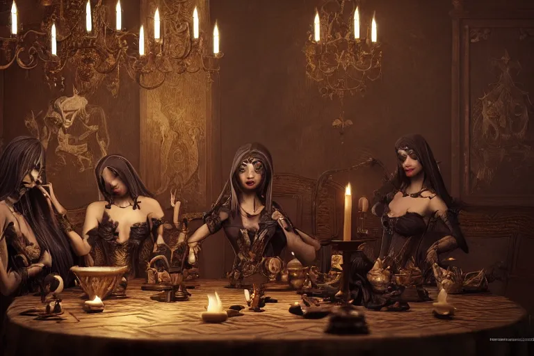 Image similar to dark witches sitting at a table doing a ritual. Ornate details, award winning. Octane render, 4k, 8k, unreal 5, very detailed, hyper control-realism, trending on artstation.”