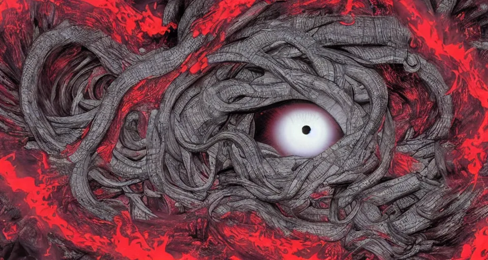 Image similar to a volcano made of ivory vines and crimson rocks enters in eruption, it spits a smoke in the shape of demonic eye, by Yoshihiro Togashi