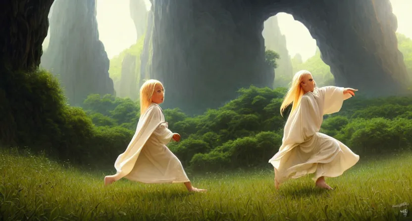 Prompt: tiny mage running away from a giant plant, blonde hair braided wearing ivory gothic robe, cave town, movie action still frame, ultra wide horizon, intricate, elegant, highly detailed, hyperrealism, digital painting, concept art, smooth, sharp, focus, illustration, art by artgerm, greg rutkowski, ilya kuvshinov, alphonse mucha