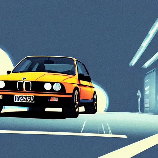 Prompt: digital illustration of bmw e 3 0 going into a black hole, by makoto shinkai, ilya kuvshinov, lois van baarle, rossdraws, basquiat