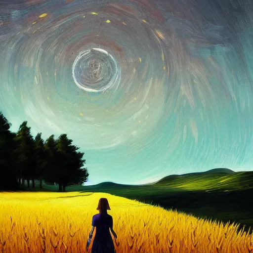 Image similar to giant daisy as a head, girl walking in wheat field, hills, surreal photography, dark night, star trails, dramatic light, impressionist painting, clouds, digital painting, artstation, simon stalenhag