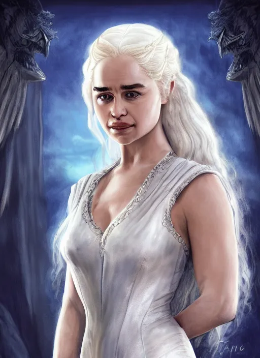 Prompt: emilia clarke as queen daenerys stormborn, by anne stokes and larry elmore, detailed matte painting, realistic portrait, symmetrical, highly detailed, digital painting, artstation, concept art, smooth, sharp focus, illustration, cinematic lighting, 8 k resolution