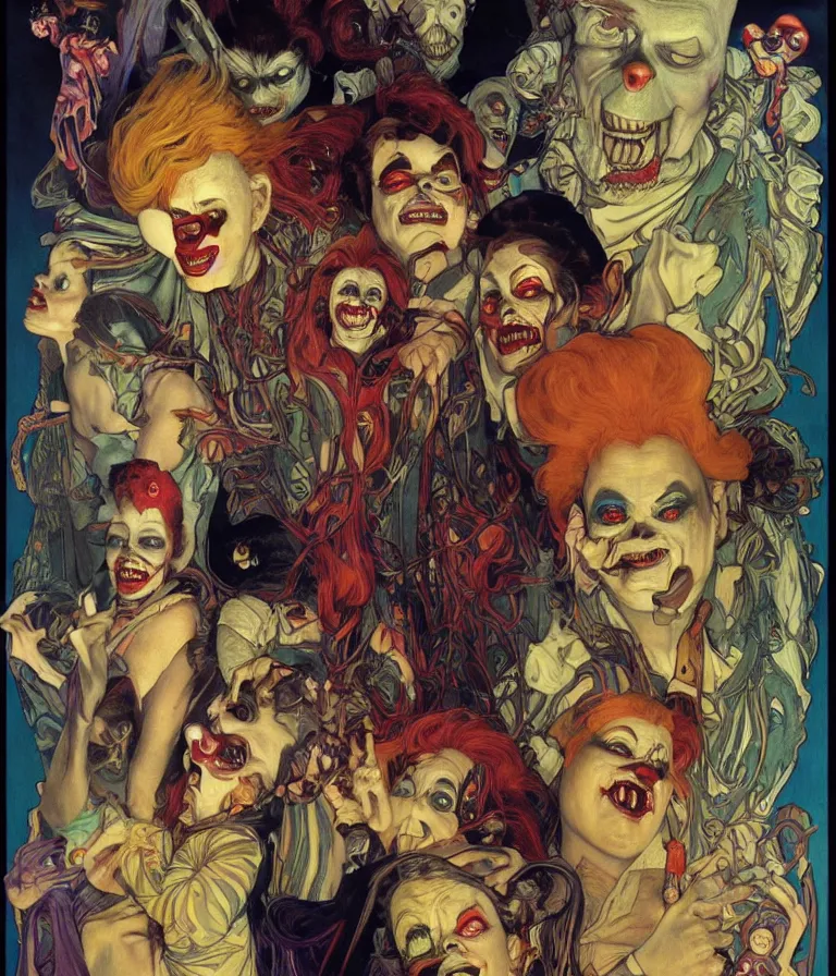 Image similar to Beautiful Horror Movie Poster made for the film Killer Klowns From Outer Space (1988) starring Sigourney Weaver and Evil Alien Clowns, oil painting by Alphonse Mucha and H R Giger and Gustav Klimt, trending on artstation dramatic lighting hyperrealism 8k