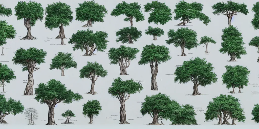 Prompt: full color page scan reference sheet of various trees on white background, matte painting,