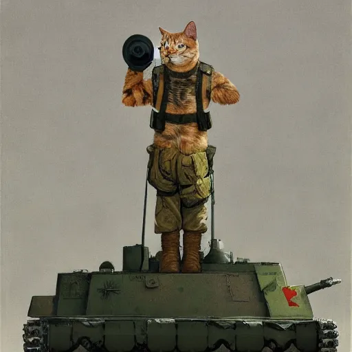 Prompt: Portrait face fuzzy eyes snout ears furry ripped physique kitty cat general camouflaged as a kitty cat man wearing a military officer uniform standing atop a panzer tank charlie bowater elina brotherus greg rutkowski Dan Witz paul klee jamie wyeth victo ngai