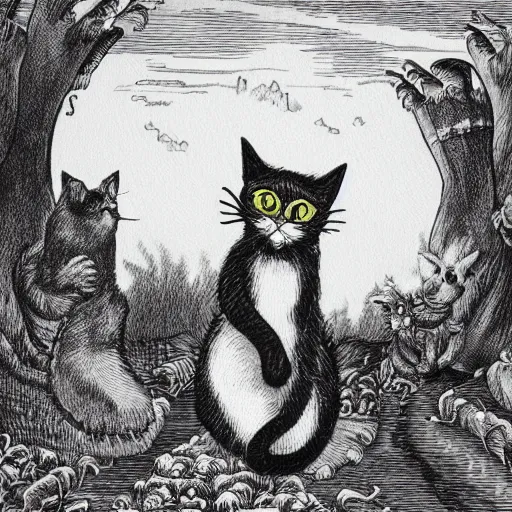 Image similar to a demon cat with a pitchfork in his paws and a crown looks at paradise, where cats circle round dances