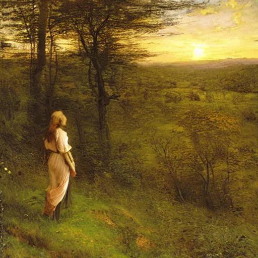 Prompt: Wanderer looking at a lush valley, distant forest, sunset, sunrays, masterful painting by John Everette Millais