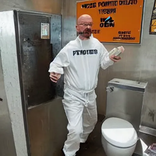 Image similar to Walter white running a pizza restroom