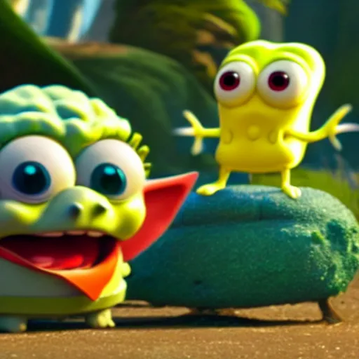 Image similar to yoda and spongebob squarepants spending time together as friends ultra realistic, high efinition, 8k